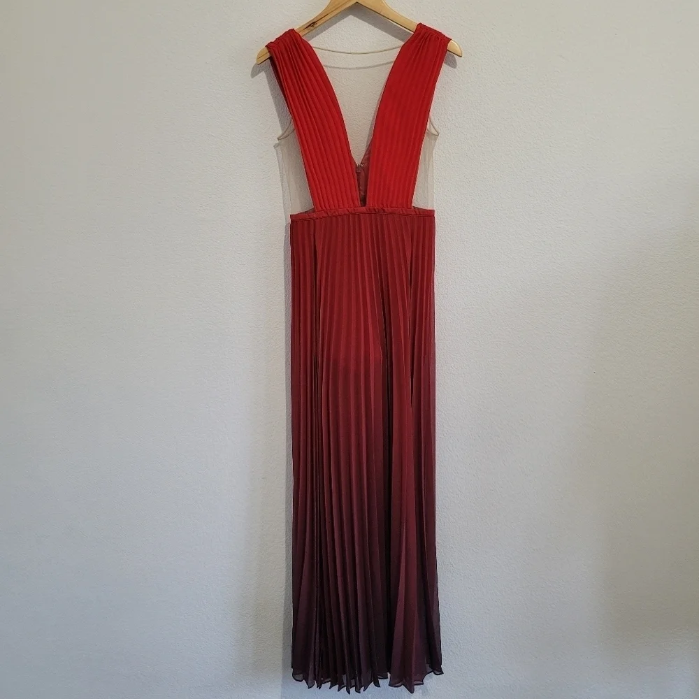 Bebe red ombre pleated double  split illusion bodice formal evening gown - Picture 6 of 13